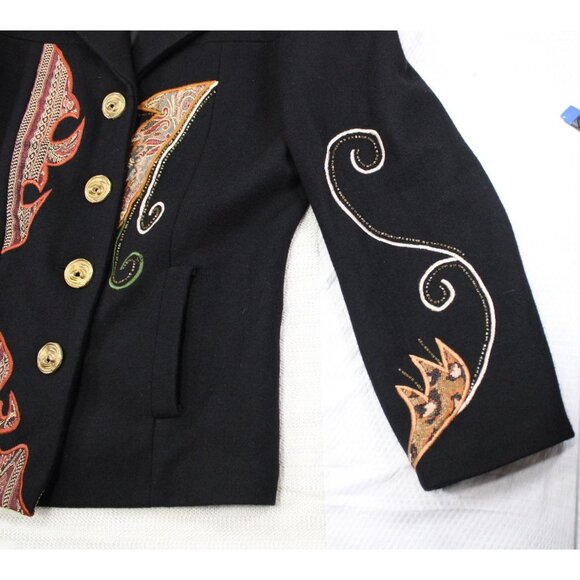 Alex Evenings Womens Black Wool Blend Embroidered Button-Up Coat With Pockets Sm - Picture 8 of 10